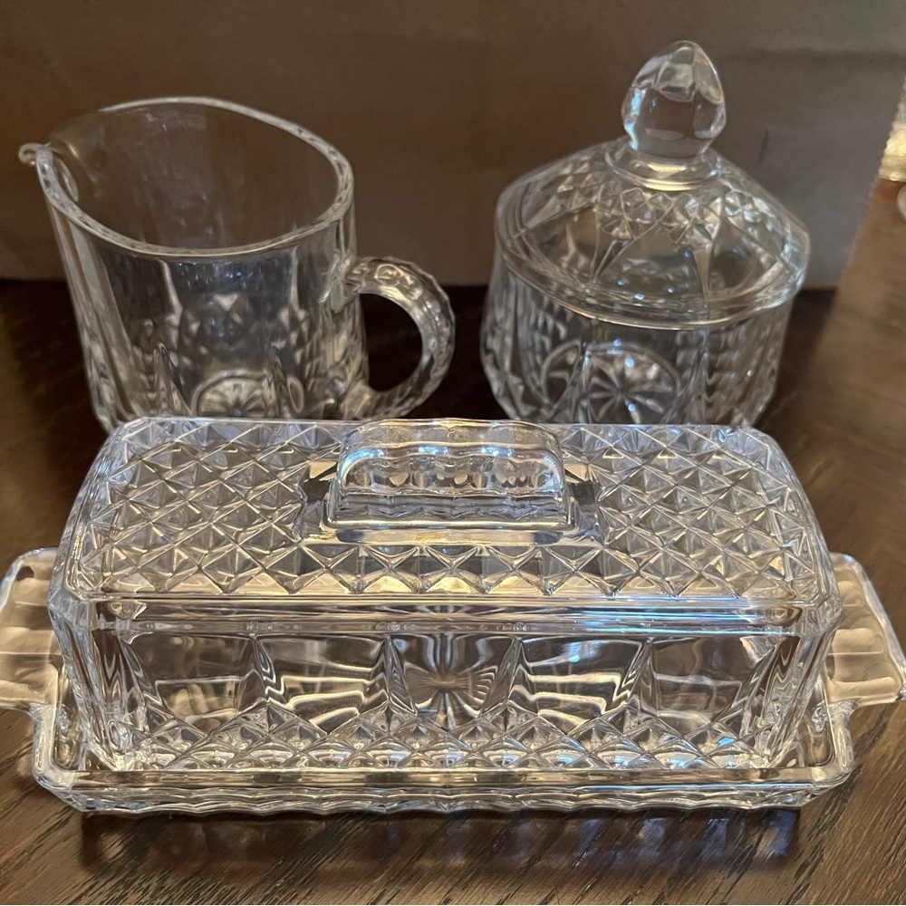 Crystal butter dish, cream and sugar set